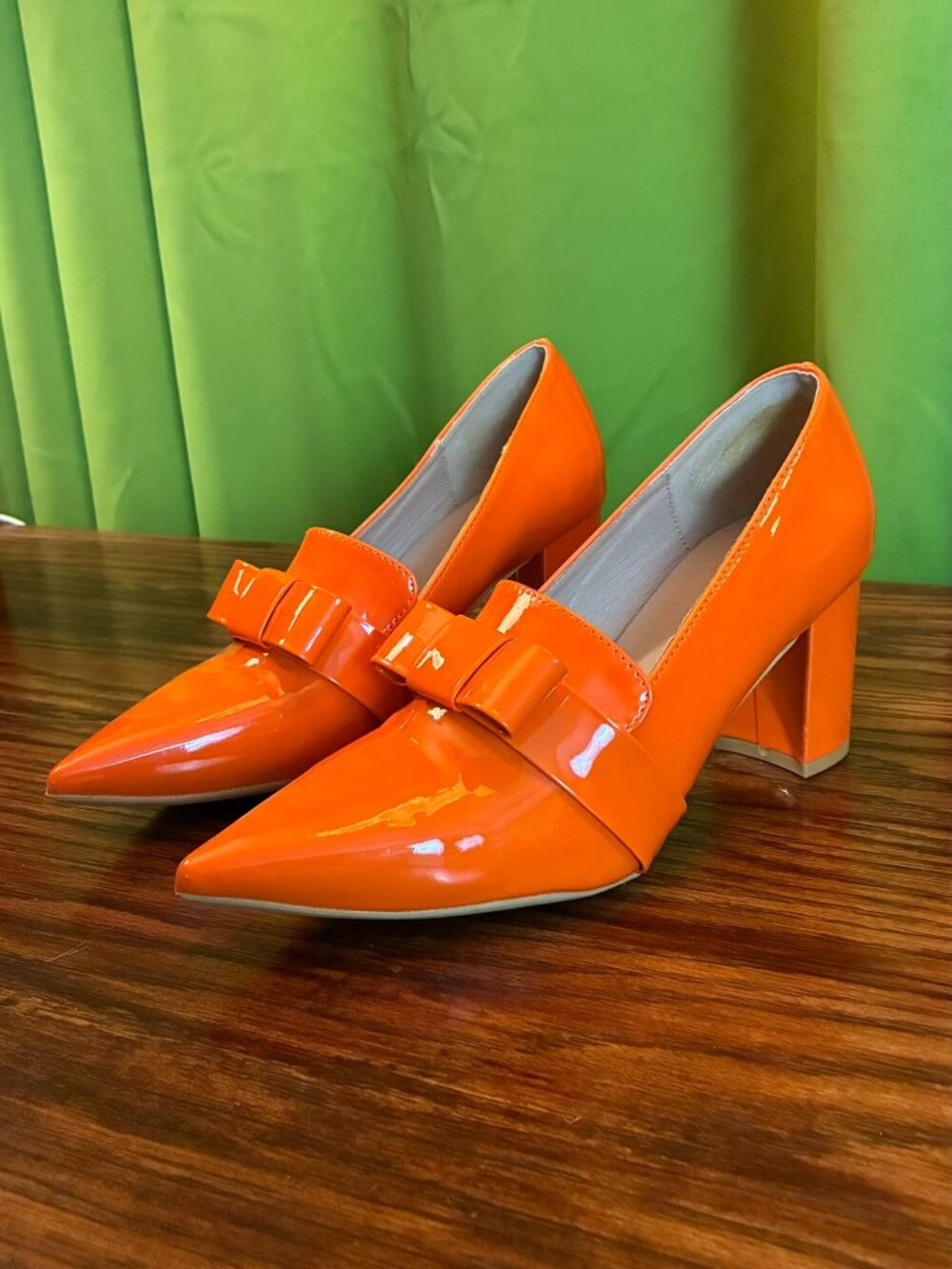 Retro Orange Bowknot Chunky Block Heels, Pointed Toe Velma Loafer